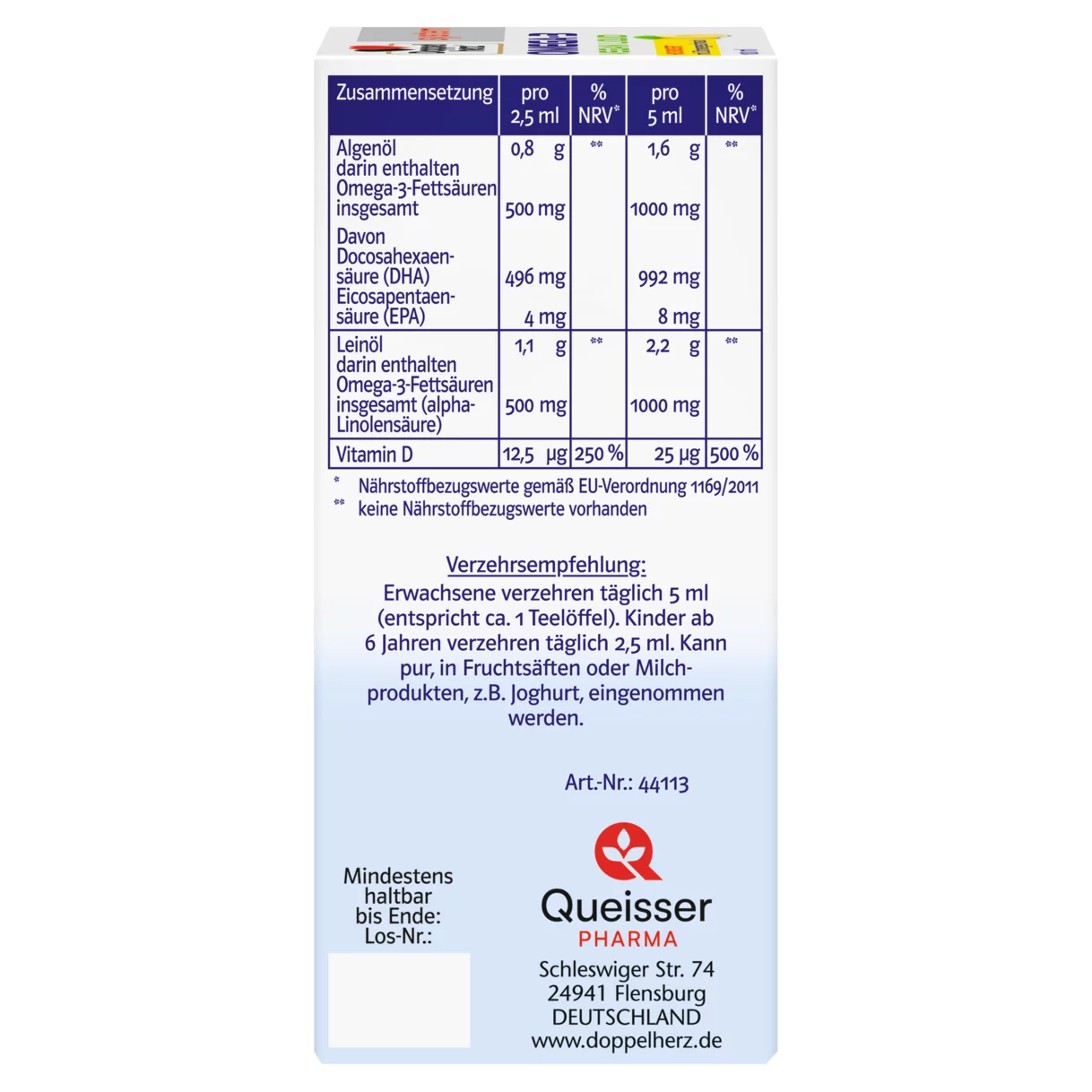 Abbildung der Produktverpackung Doppelherz system OMEGA-3 VEGAN LIQUID 2000 Seitenansicht links